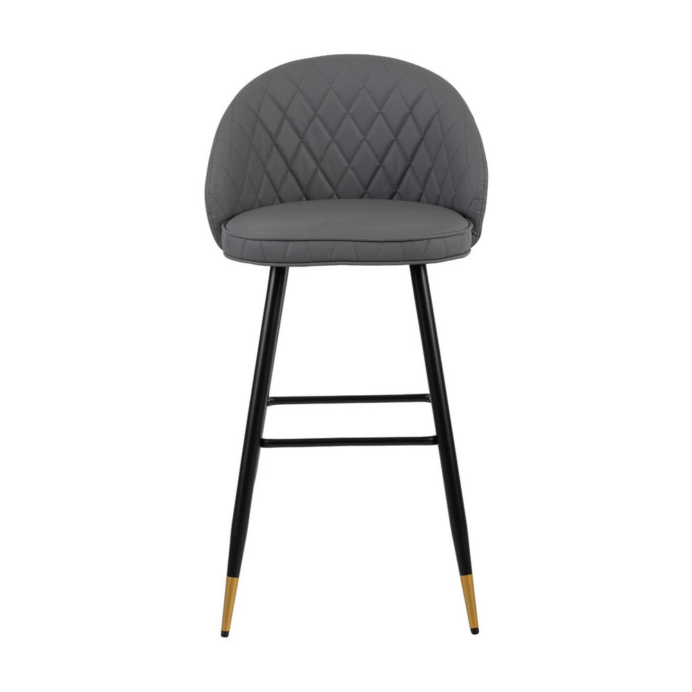 Benjara Oby Bar Height Chair Set of 2, Tufted Gray Vegan Leather, Angled Legs