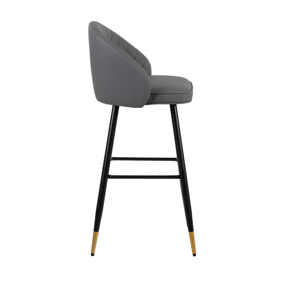 Benjara Oby Bar Height Chair Set of 2, Tufted Gray Vegan Leather, Angled Legs