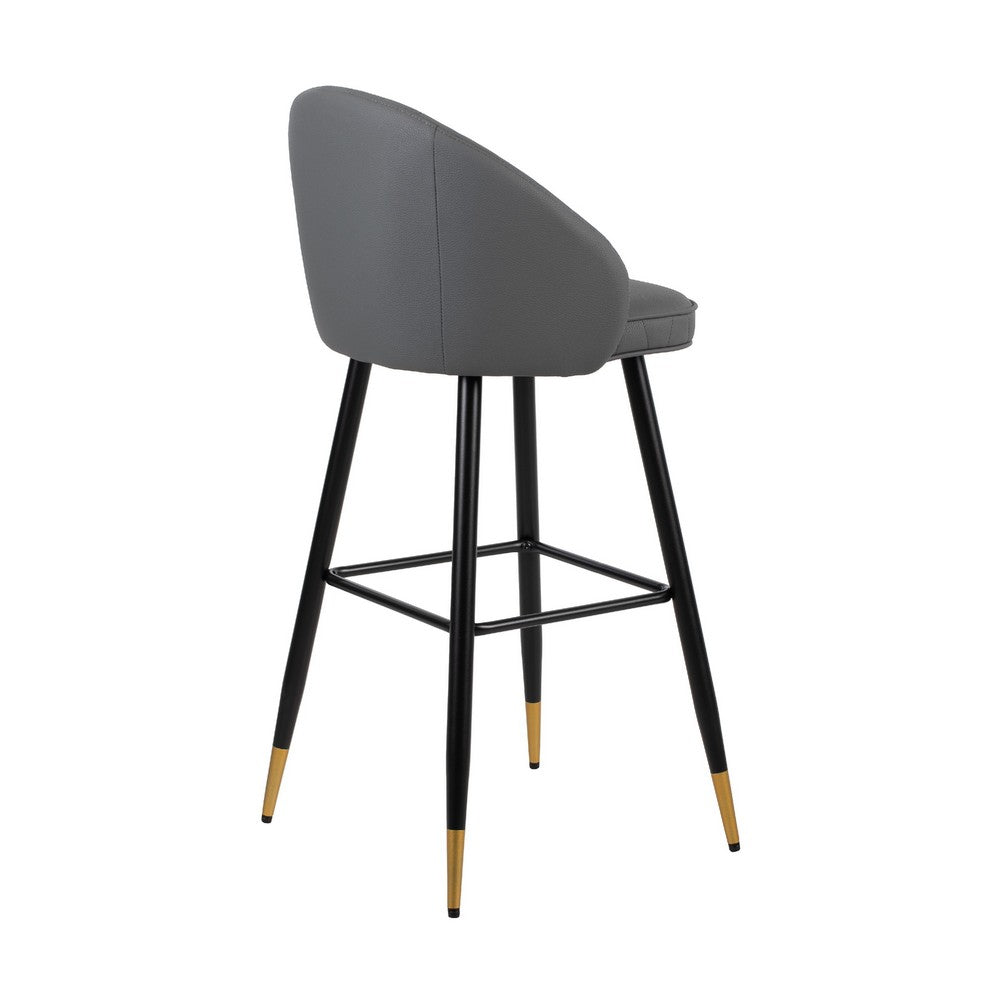 Benjara Oby Bar Height Chair Set of 2, Tufted Gray Vegan Leather, Angled Legs