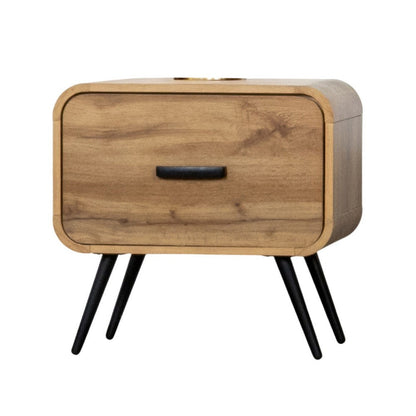 Benjara Wea Bed Side End Table, 1 Drawer, Black Angled Legs, Natural Oak Brown