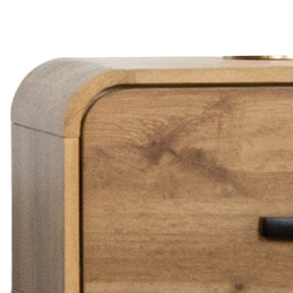 Benjara Wea Bed Side End Table, 1 Drawer, Black Angled Legs, Natural Oak Brown