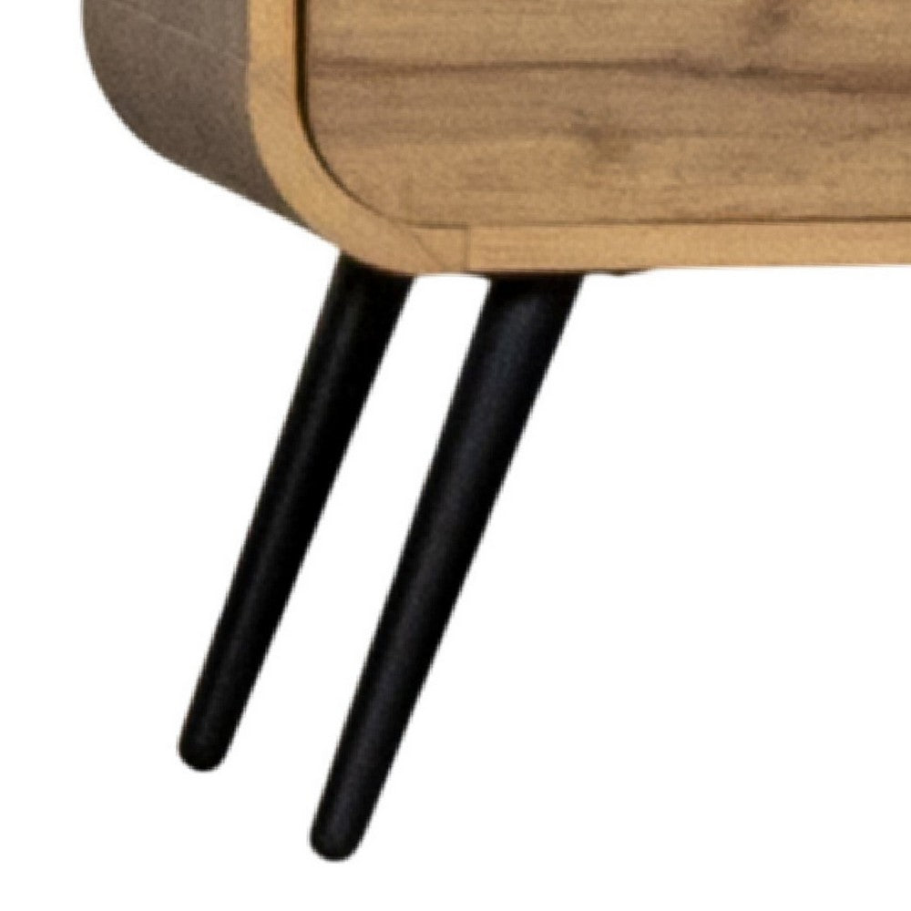 Benjara Wea Bed Side End Table, 1 Drawer, Black Angled Legs, Natural Oak Brown