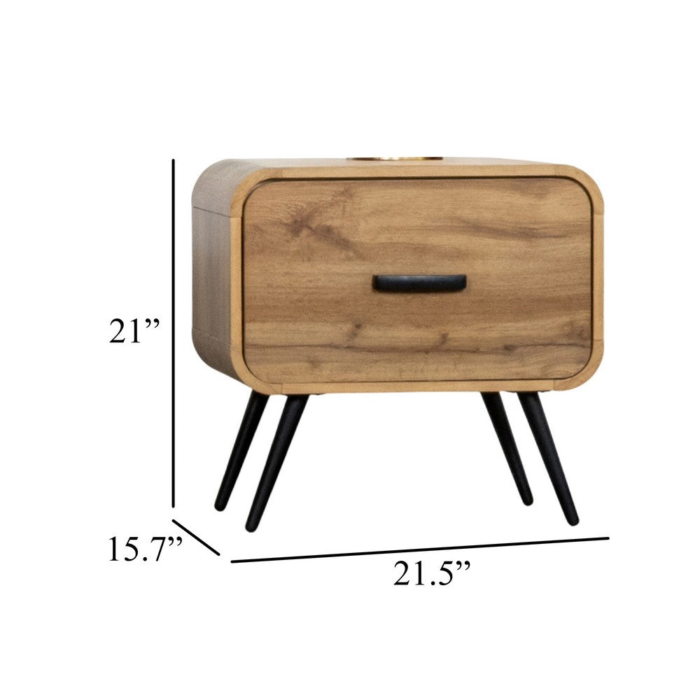Benjara Wea Bed Side End Table, 1 Drawer, Black Angled Legs, Natural Oak Brown