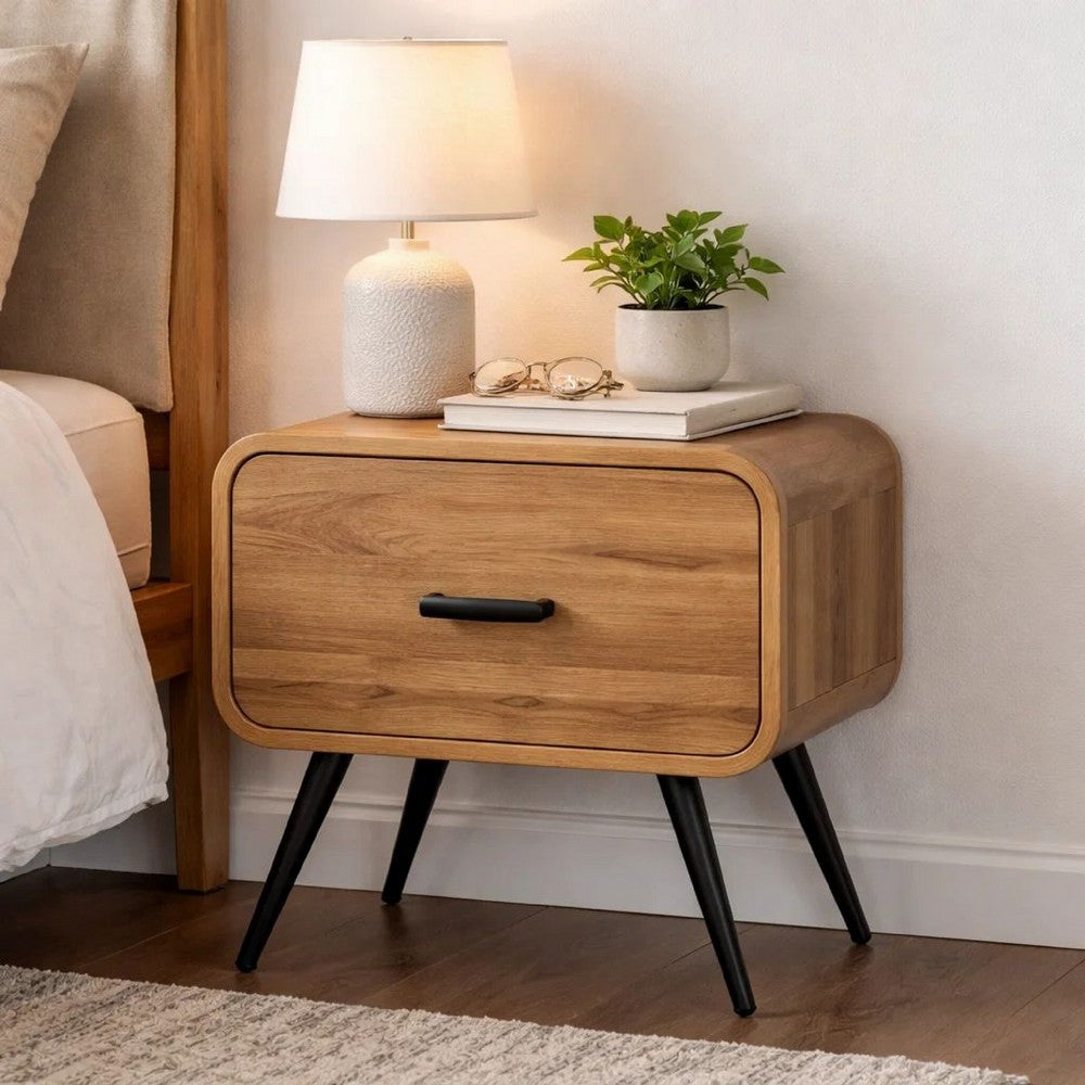 Benjara Wea Bed Side End Table, 1 Drawer, Black Angled Legs, Natural Oak Brown