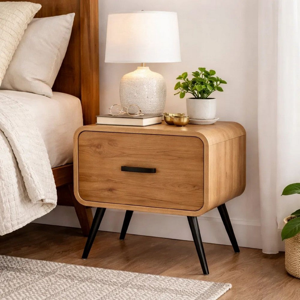 Benjara Wea Bed Side End Table, 1 Drawer, Black Angled Legs, Natural Oak Brown