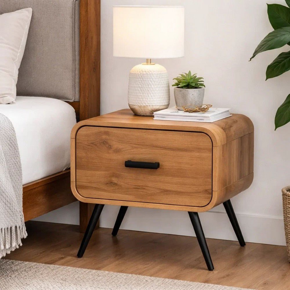 Benjara Wea Bed Side End Table, 1 Drawer, Black Angled Legs, Natural Oak Brown