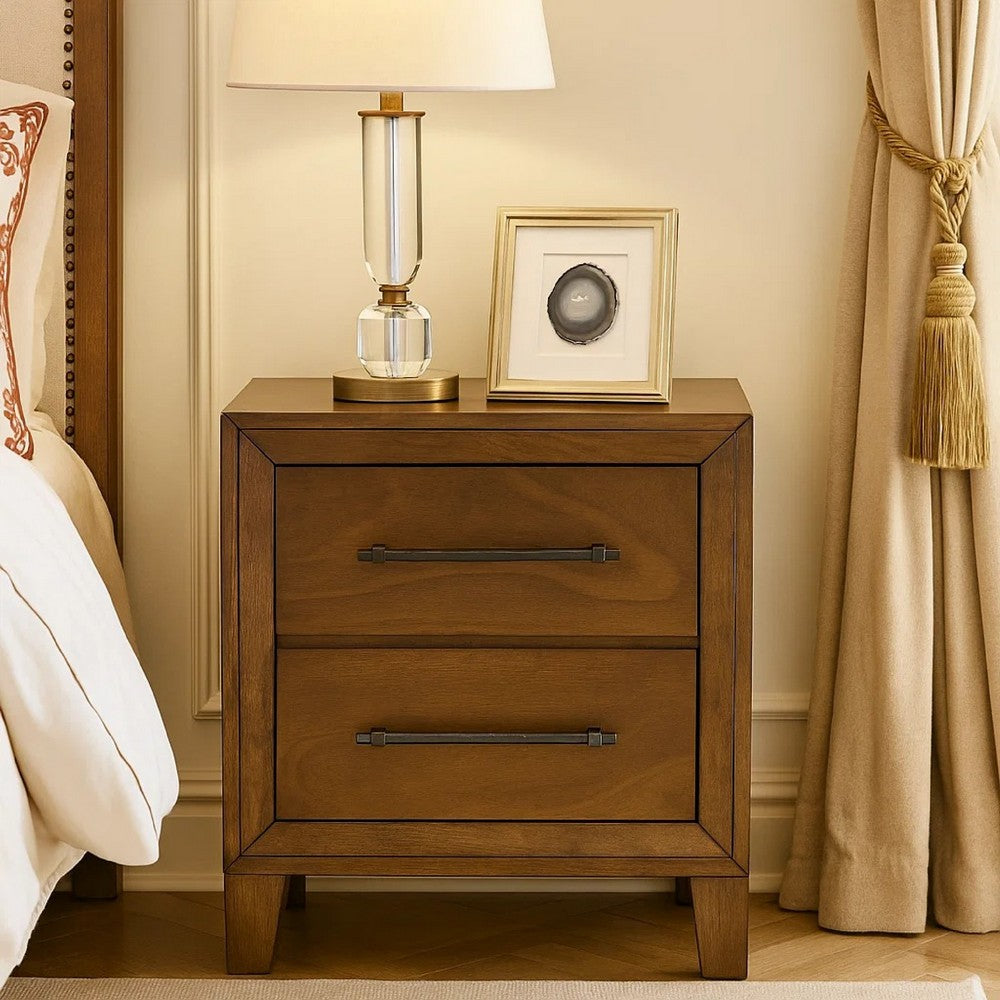 Benjara Lary Nightstand, 2 Drawers, Rustic Farmhouse Walnut Brown Finish