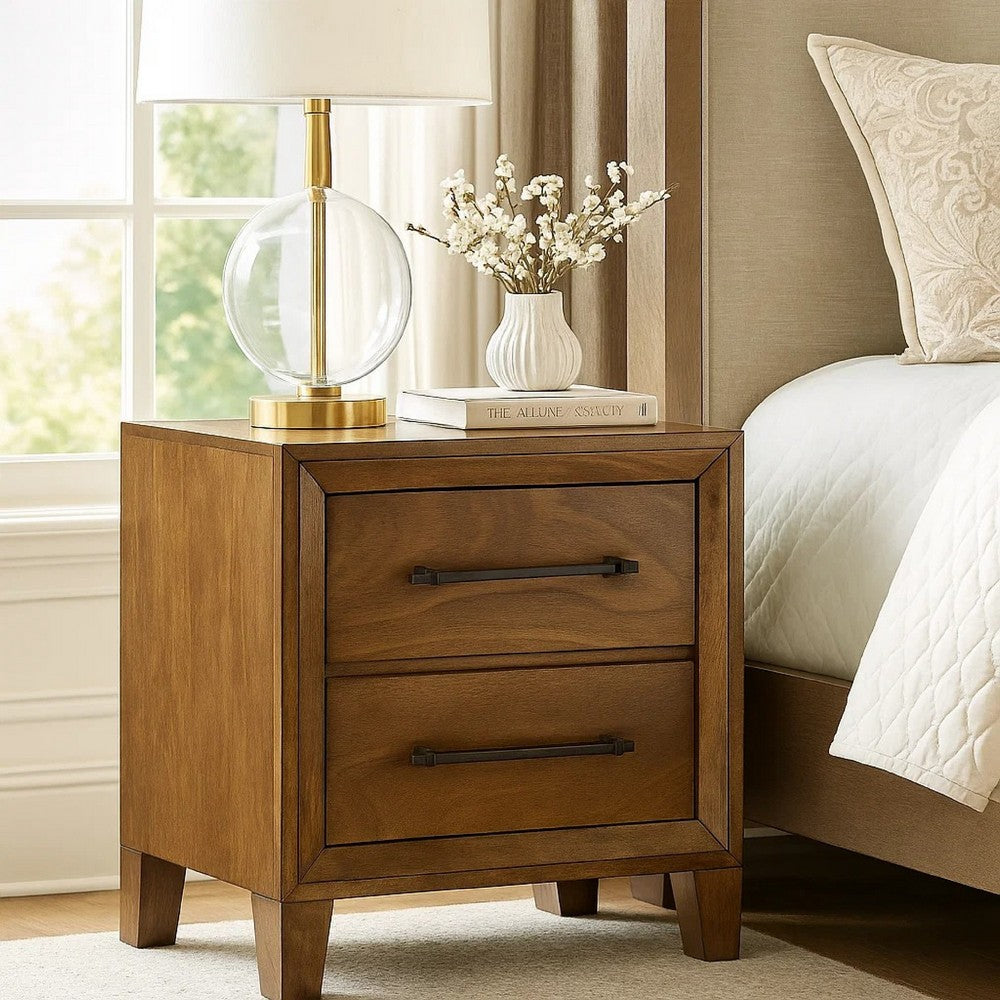 Benjara Lary Nightstand, 2 Drawers, Rustic Farmhouse Walnut Brown Finish