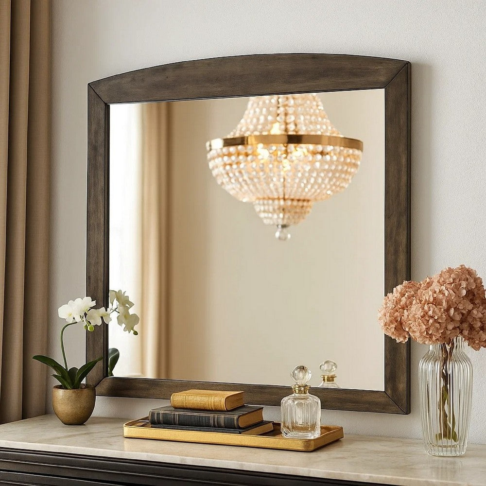 Benjara Roxy Dresser Mirror, Curved Top, Rustic Walnut Brown Solid Rubberwood