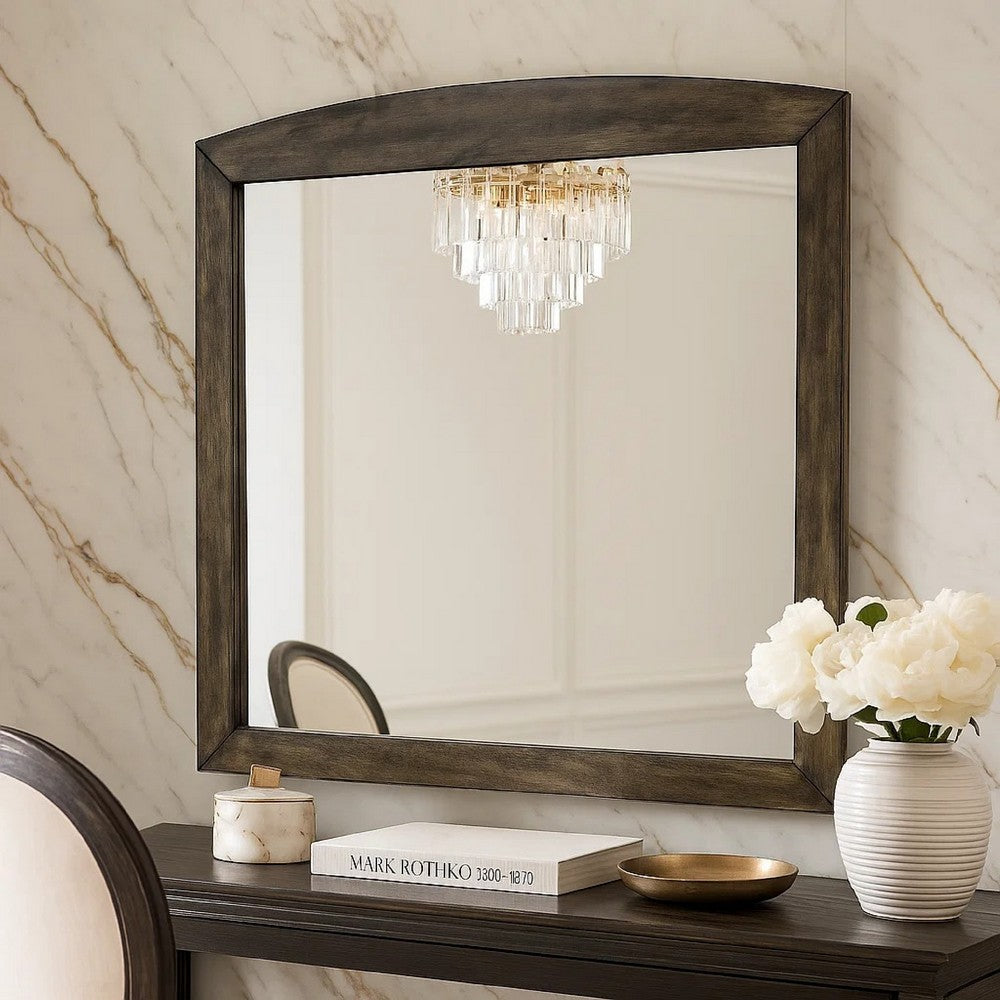 Benjara Roxy Dresser Mirror, Curved Top, Rustic Walnut Brown Solid Rubberwood