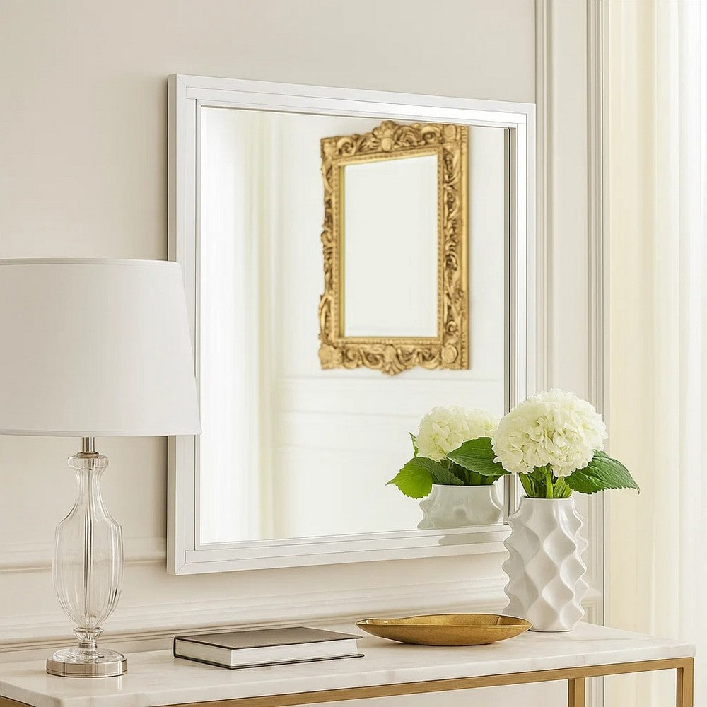 Benjara Ruo Dresser Mirror, 40 Inch Square Frame, Low Distortion, Glossy White