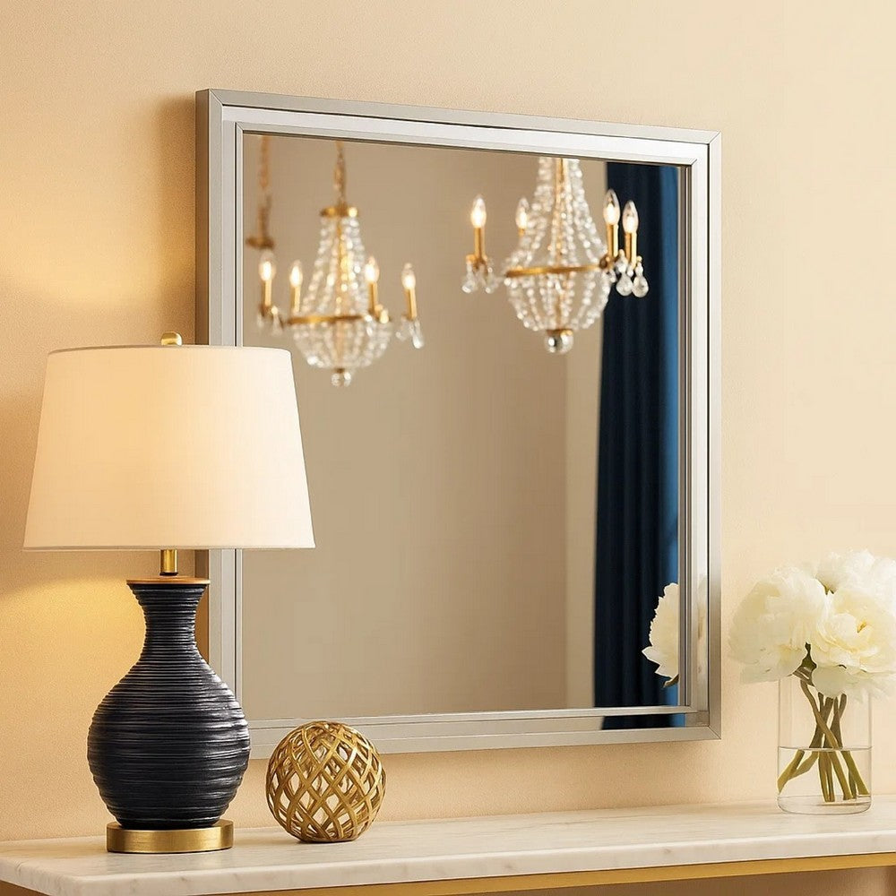 Benjara Ruo Dresser Mirror, 40 Inch Square Frame, Low Distortion, Glossy White
