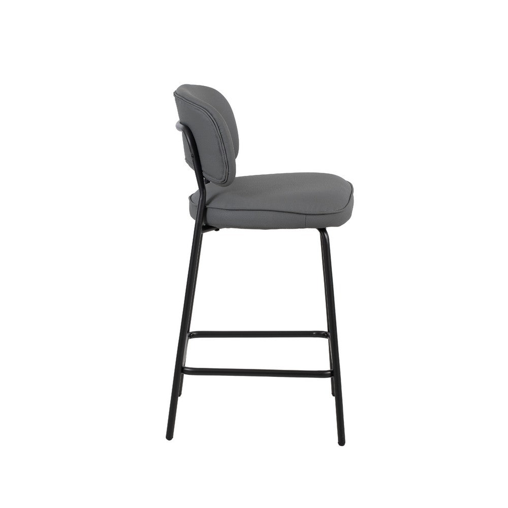 Benjara Bly Counter Stool Chair Set of 2, Gray Faux Leather, Iron Base