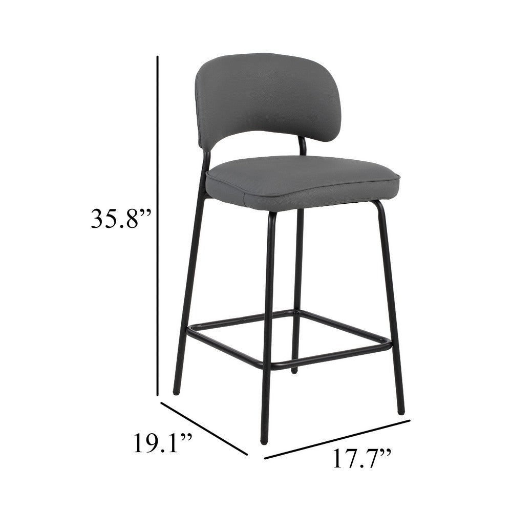 Benjara Bly Counter Stool Chair Set of 2, Gray Faux Leather, Iron Base