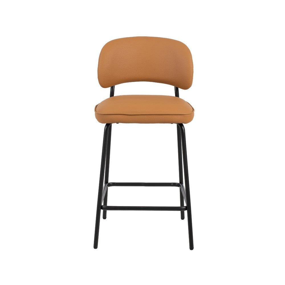 Benjara Bly Counter Stool Chair Set of 2, Orange Faux Leather Seat, Iron Base