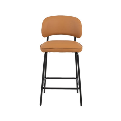 Benjara Bly Counter Stool Chair Set of 2, Orange Faux Leather Seat, Iron Base