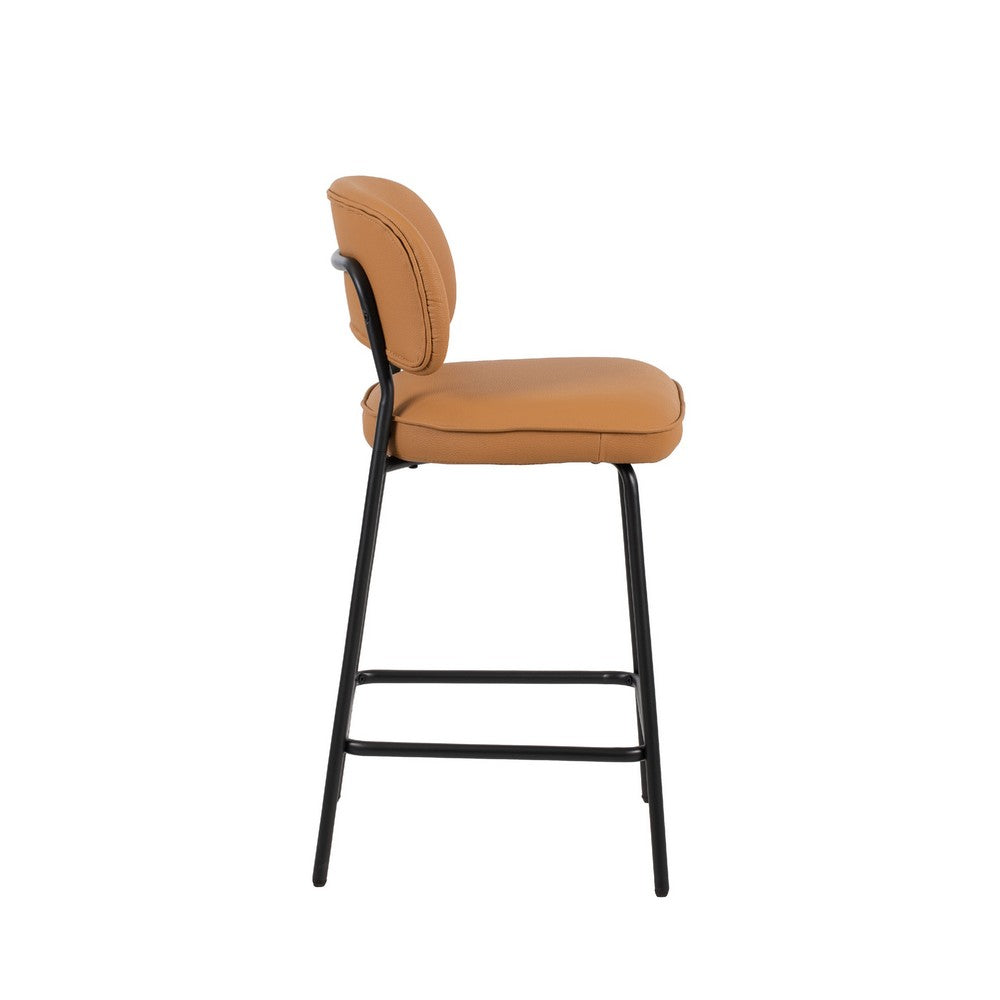 Benjara Bly Counter Stool Chair Set of 2, Orange Faux Leather Seat, Iron Base