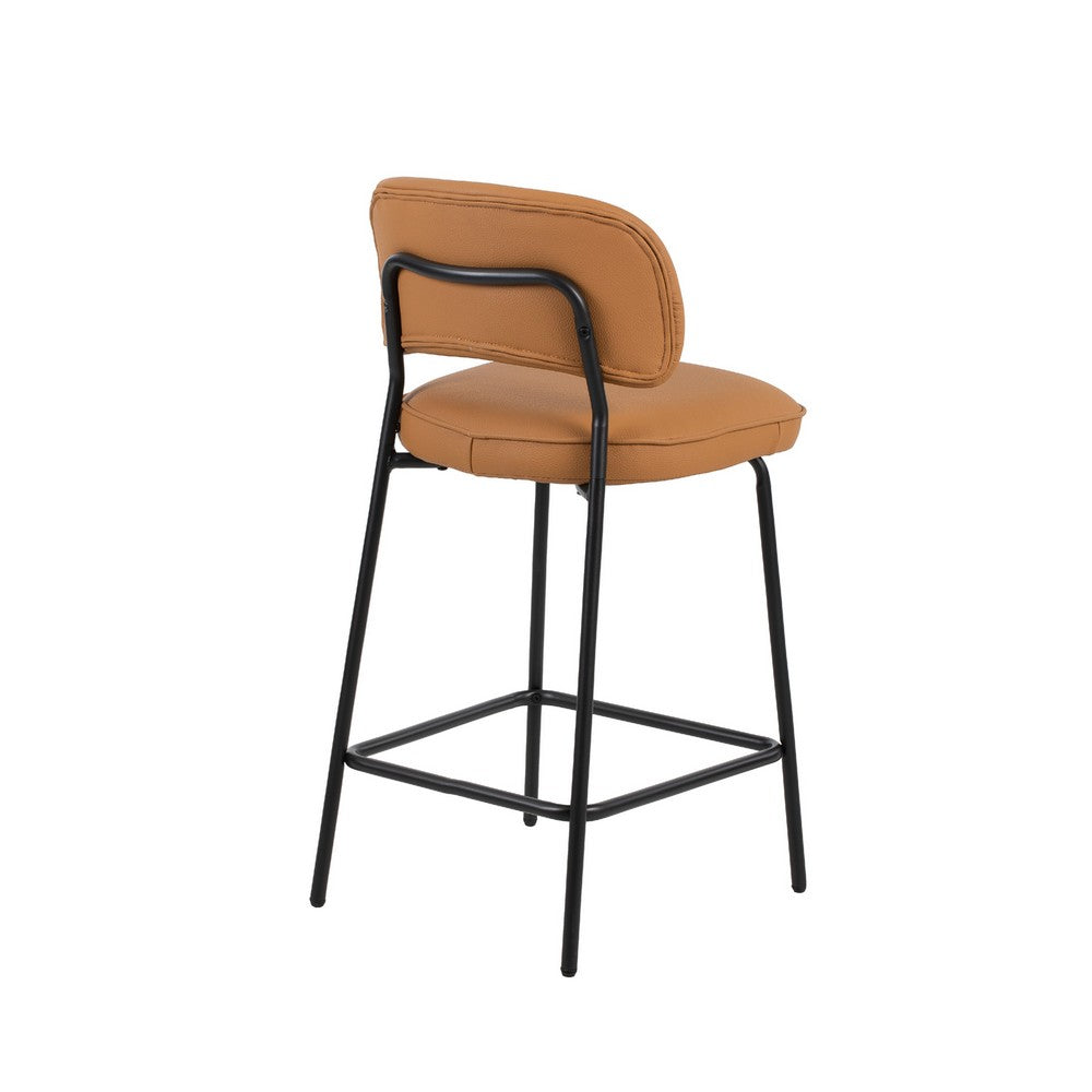 Benjara Bly Counter Stool Chair Set of 2, Orange Faux Leather Seat, Iron Base