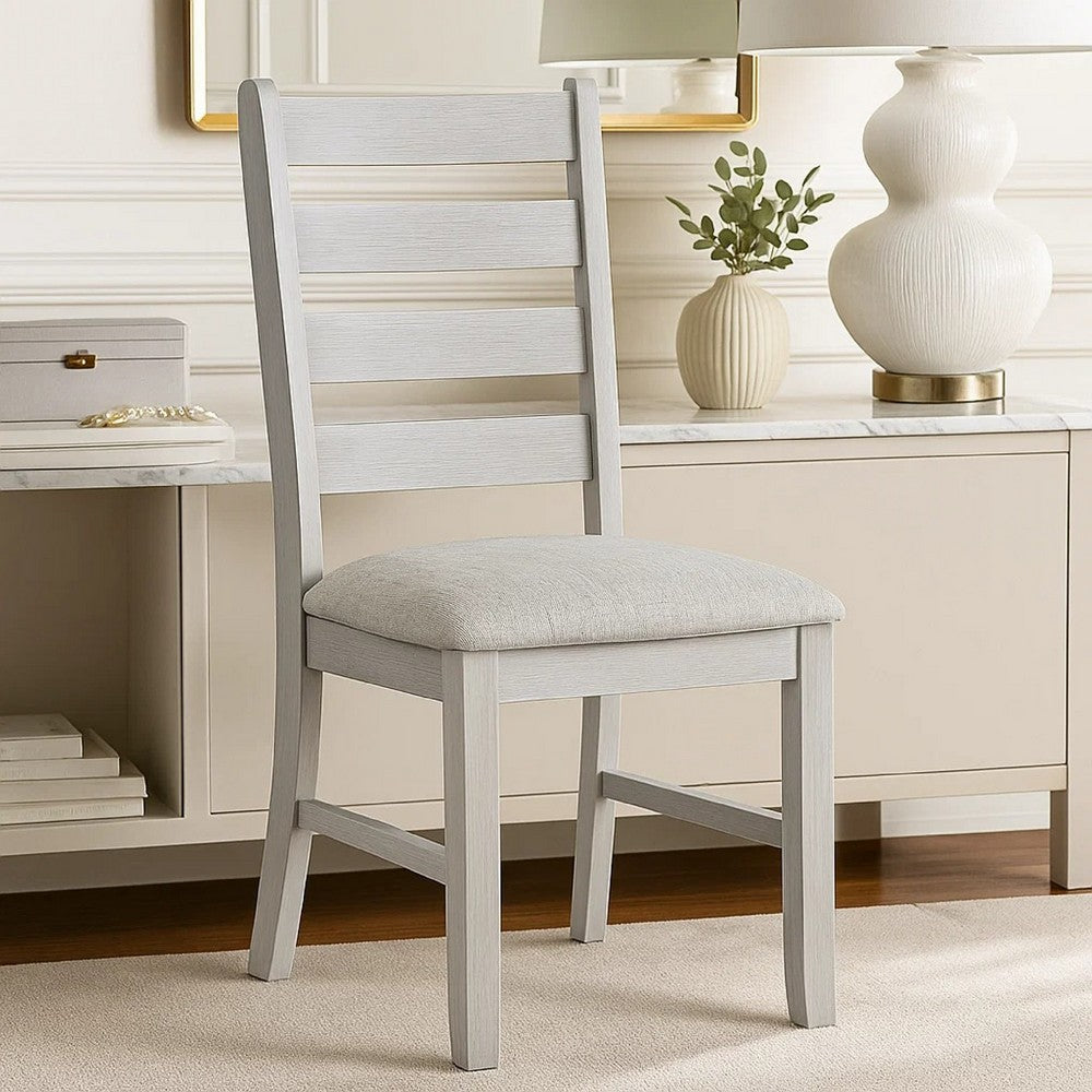 Benjara Exy Dining Side Chair Set of 2, White Padded Seat w Ladder Back, Gray