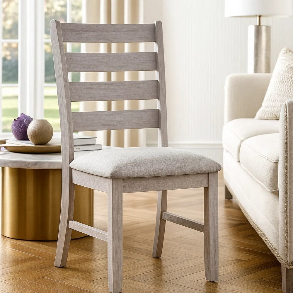 Benjara Exy Dining Side Chair Set of 2, White Padded Seat w Ladder Back, Gray