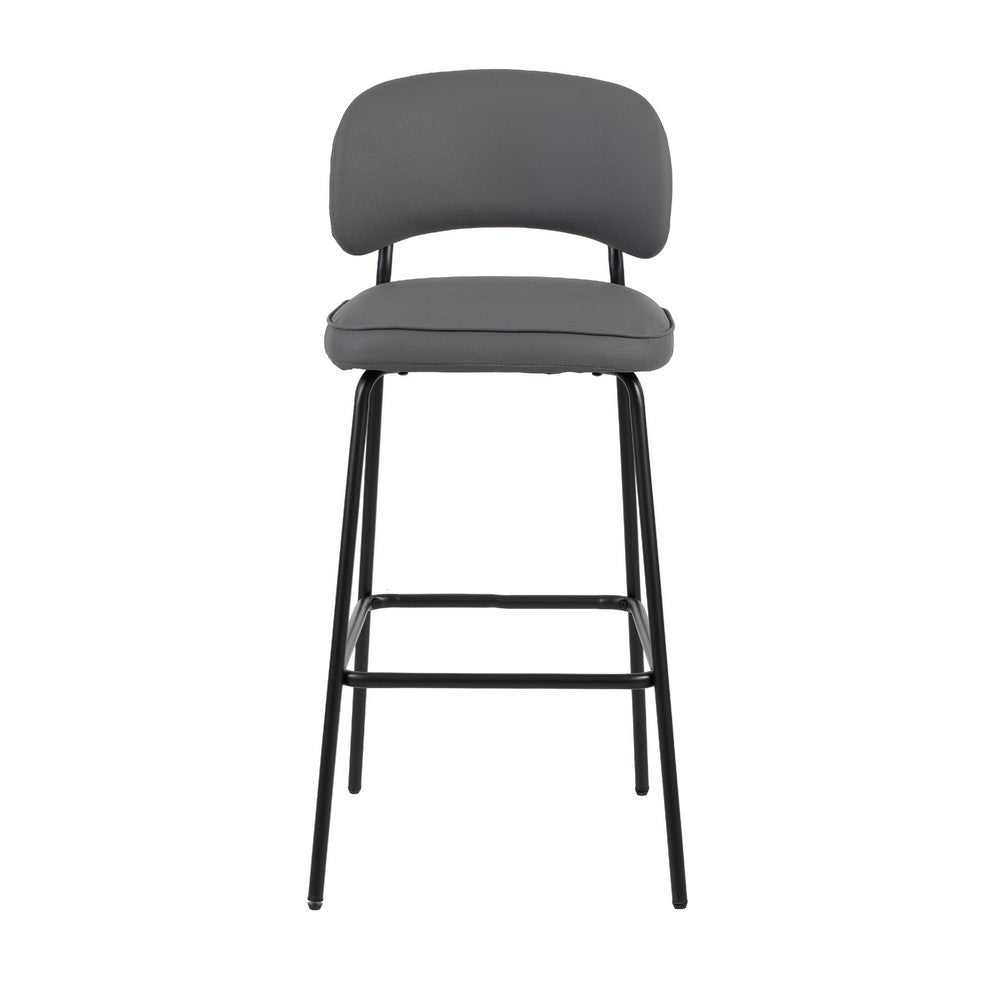 Benjara Bly Bar Stool Chair Set of 2, Gray Faux Leather Fabric, Iron Base