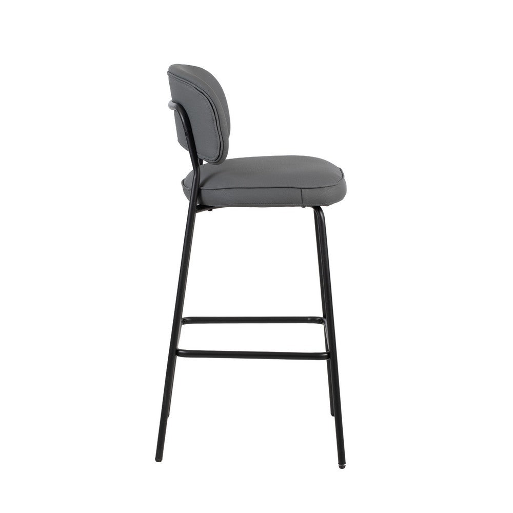 Benjara Bly Bar Stool Chair Set of 2, Gray Faux Leather Fabric, Iron Base