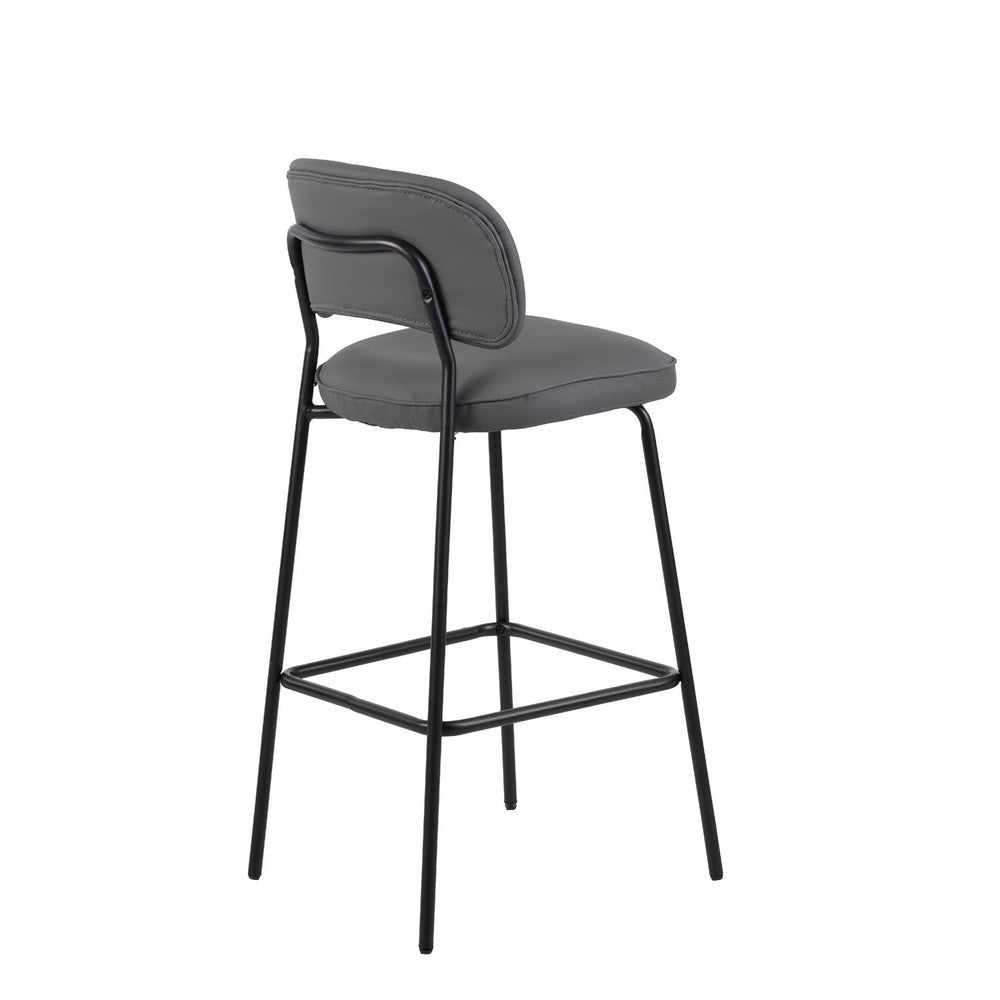 Benjara Bly Bar Stool Chair Set of 2, Gray Faux Leather Fabric, Iron Base