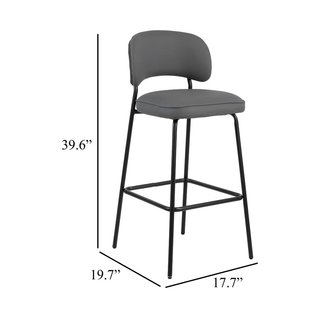 Benjara Bly Bar Stool Chair Set of 2, Gray Faux Leather Fabric, Iron Base