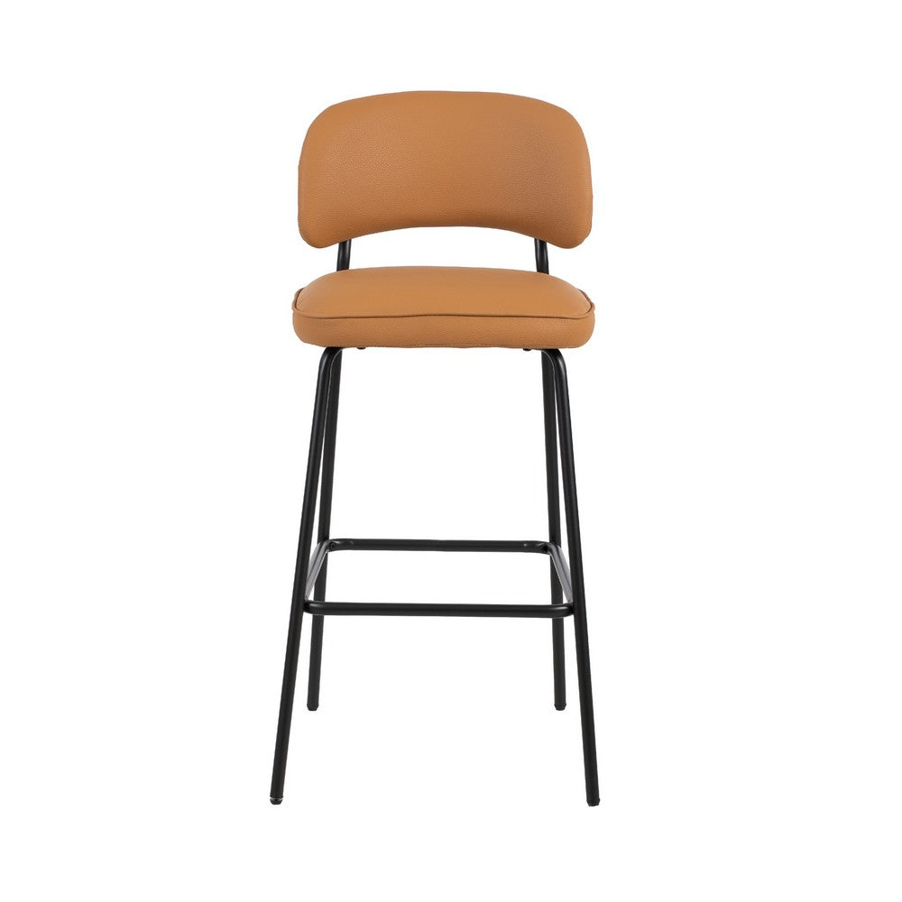Benjara Bly Bar Stool Chair Set of 2, Orange Faux Leather Fabric, Iron Base