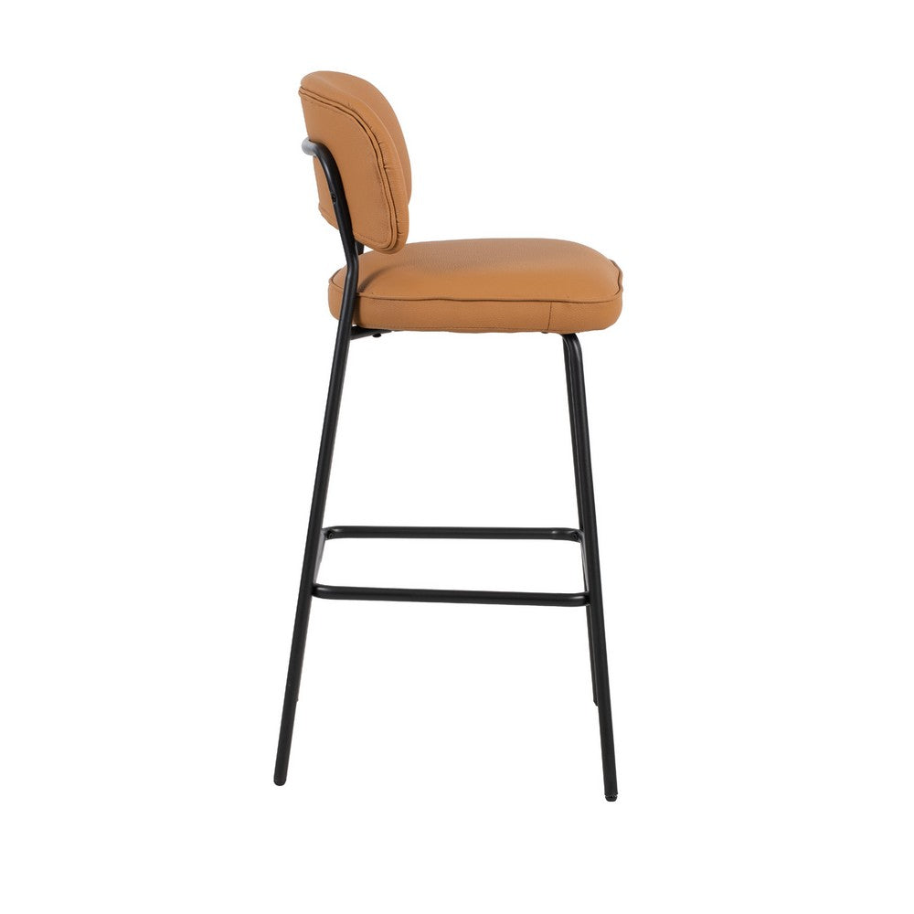 Benjara Bly Bar Stool Chair Set of 2, Orange Faux Leather Fabric, Iron Base