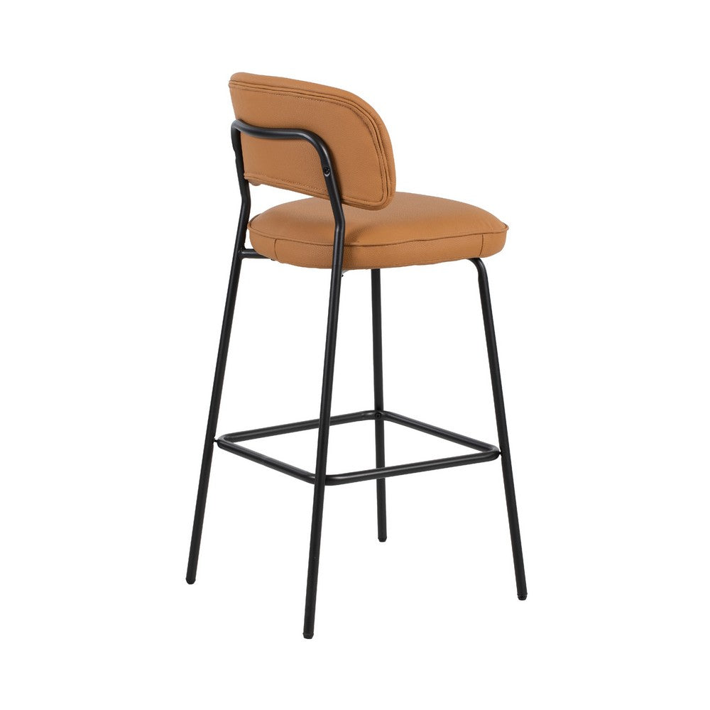 Benjara Bly Bar Stool Chair Set of 2, Orange Faux Leather Fabric, Iron Base