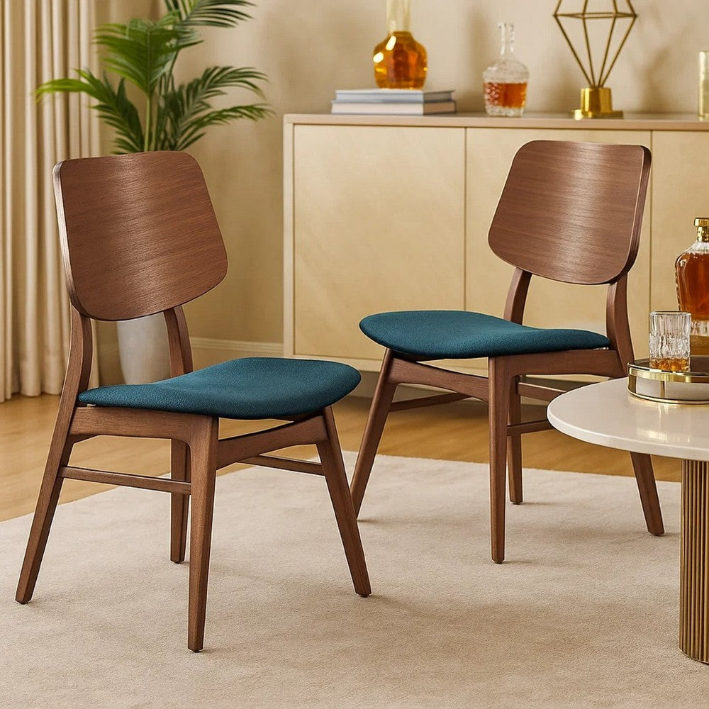 Benjara Scar Dining Side Chair Set of 2, Teal Green Seat, Walnut Brown Wood