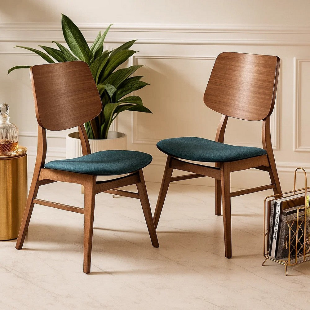Benjara Scar Dining Side Chair Set of 2, Teal Green Seat, Walnut Brown Wood