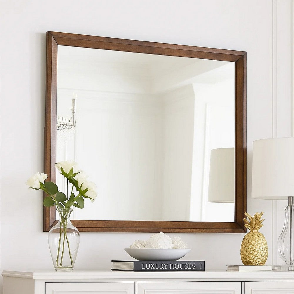 Benjara Lary Dresser Mirror, 45 Inch Rectangular Frame, Walnut Brown Okume Veneer