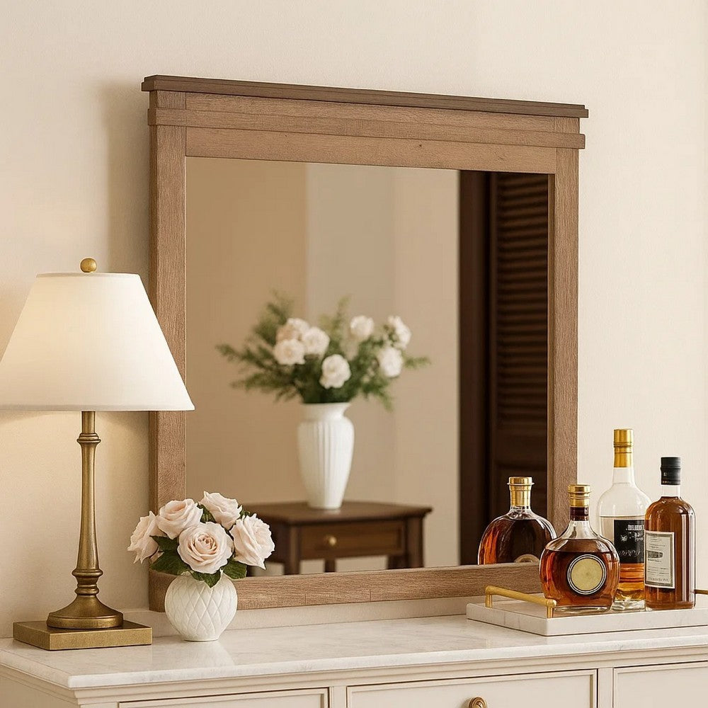 Benjara Covy Dresser Mirror, 40 Inch Square Frame, Low Distortion, Natural Brown