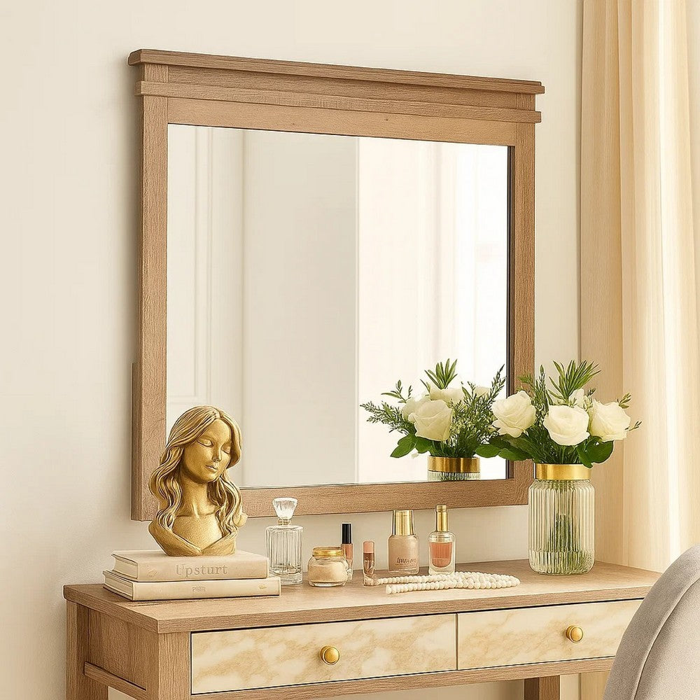 Benjara Covy Dresser Mirror, 40 Inch Square Frame, Low Distortion, Natural Brown