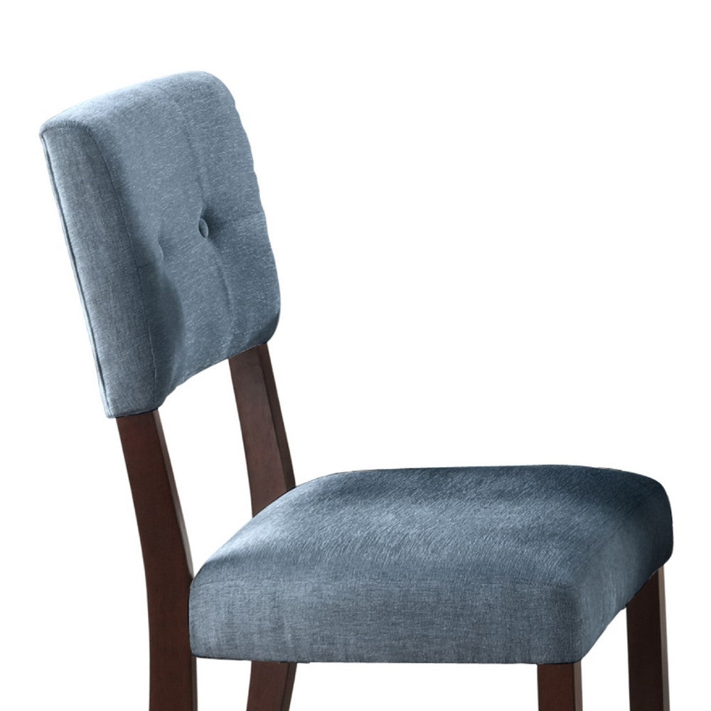 Benjara Tery Dining Side Chair Set of 2, Tufted Blue Backrest, Cherry Brown