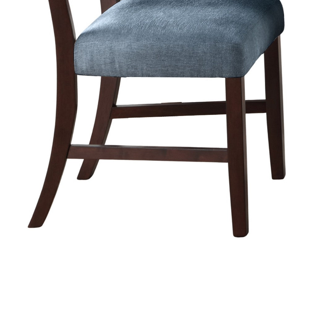Benjara Tery Dining Side Chair Set of 2, Tufted Blue Backrest, Cherry Brown