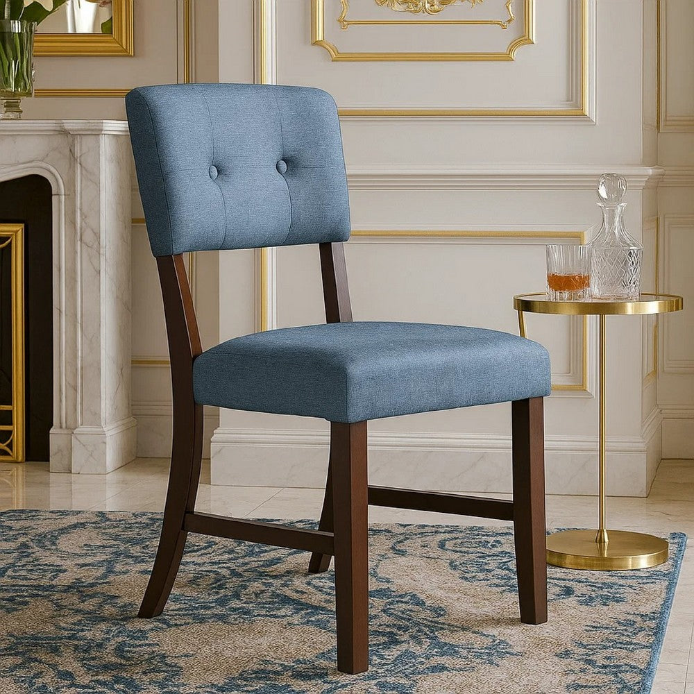 Benjara Tery Dining Side Chair Set of 2, Tufted Blue Backrest, Cherry Brown