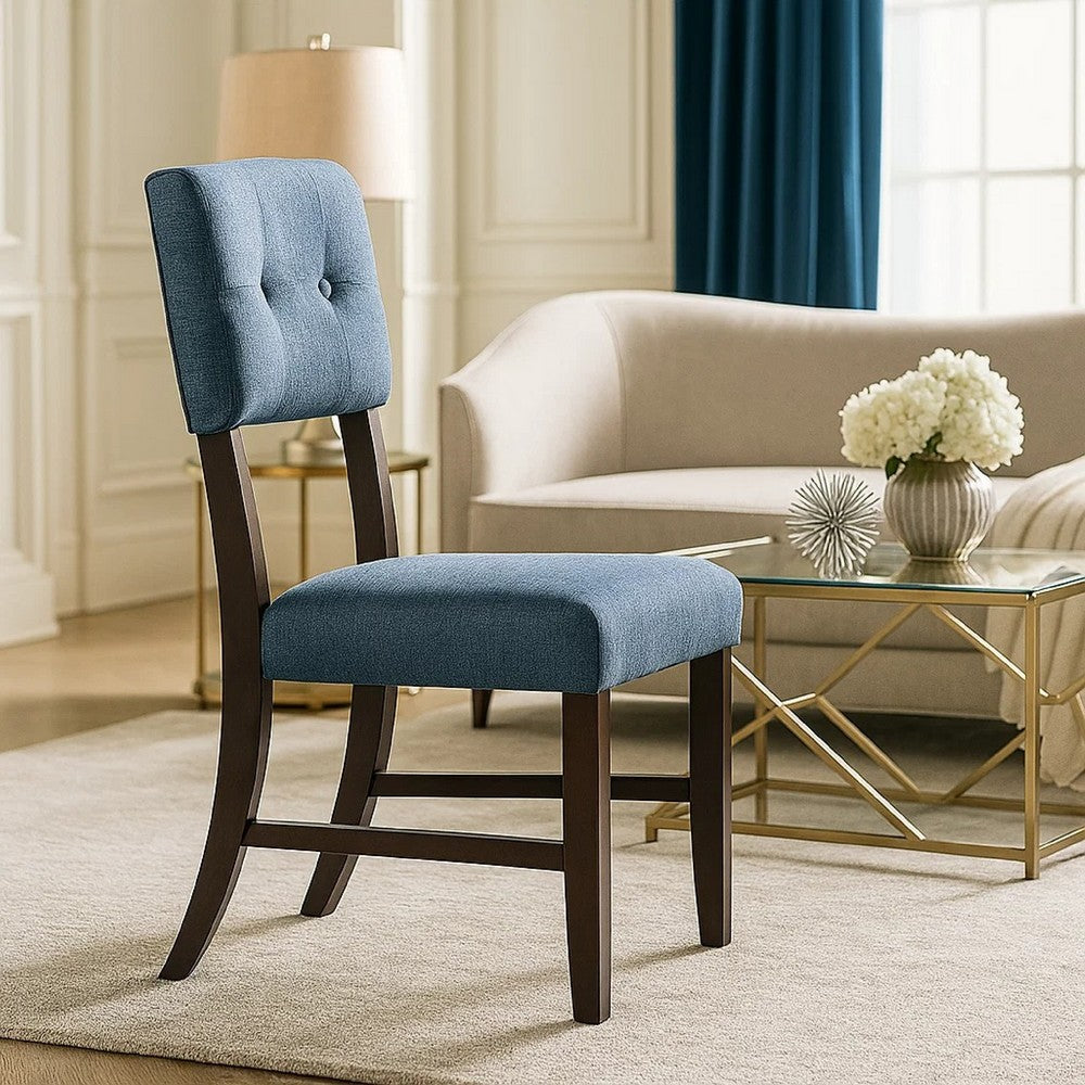 Benjara Tery Dining Side Chair Set of 2, Tufted Blue Backrest, Cherry Brown
