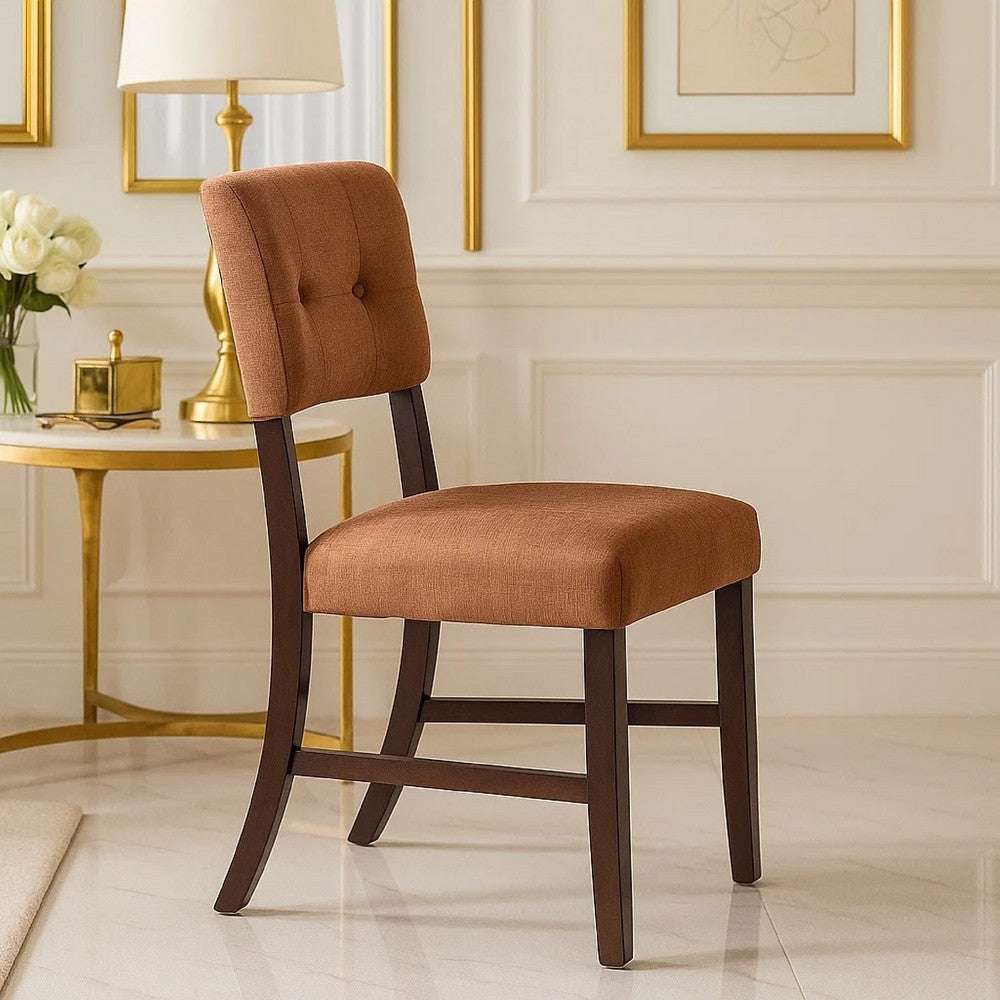 Benjara Tery Dining Side Chair Set of 2, Tufted Brown Backrest, Cherry Brown