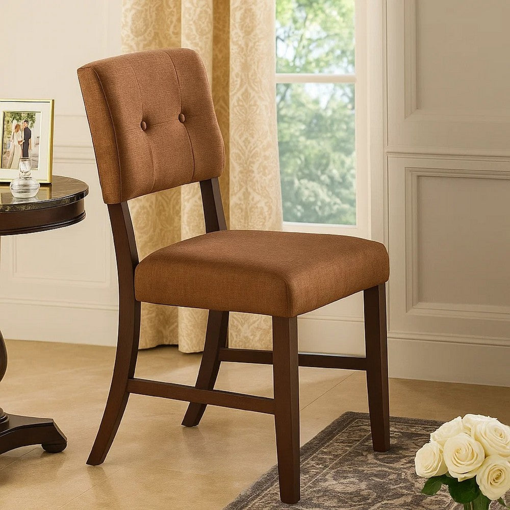 Benjara Tery Dining Side Chair Set of 2, Tufted Brown Backrest, Cherry Brown