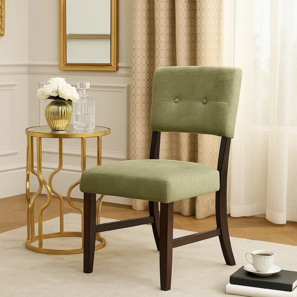Benjara Tery Dining Side Chair Set of 2, Tufted Green Backrest, Cherry Brown