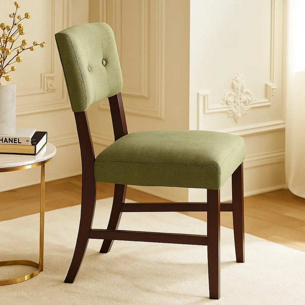 Benjara Tery Dining Side Chair Set of 2, Tufted Green Backrest, Cherry Brown