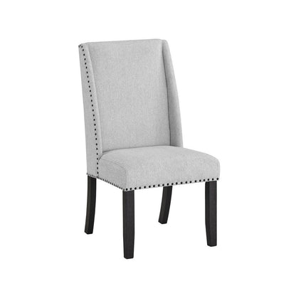 Benjara Vinz Dining Side Chair Set of 2, Light Gray Cotton Polyester, Black Legs