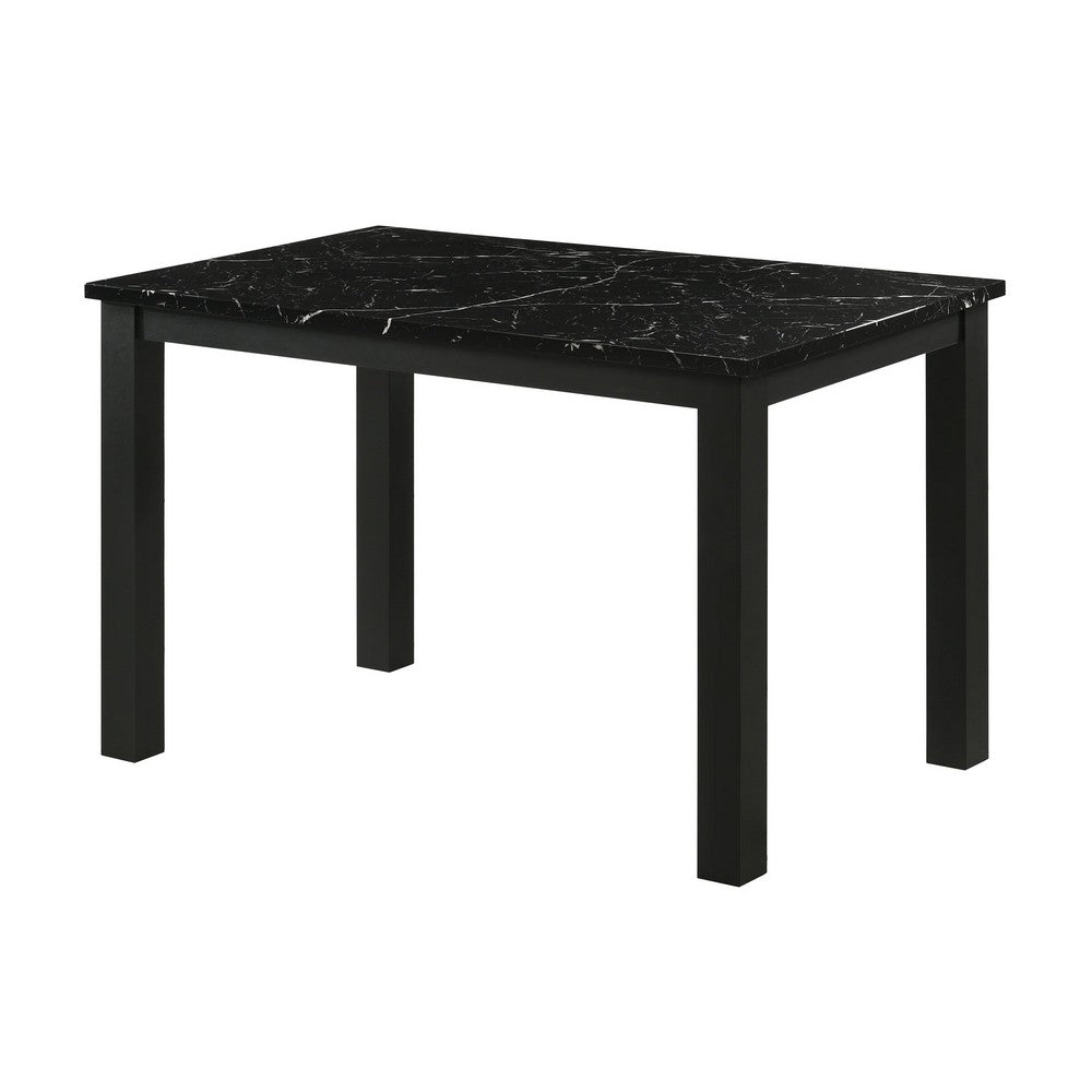 Benjara Syon Dining Table, 47 Inch Black Faux Marble Top, Black Wood Legs