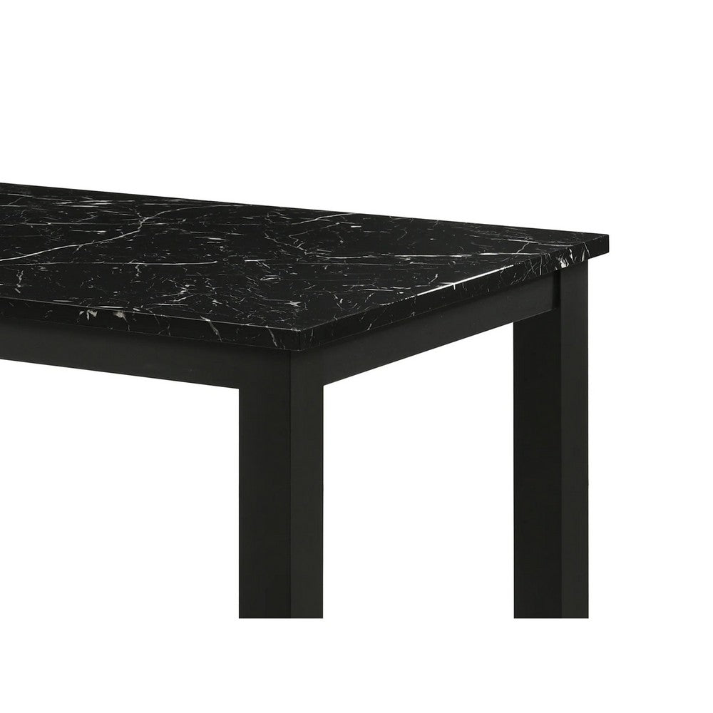 Benjara Syon Dining Table, 47 Inch Black Faux Marble Top, Black Wood Legs