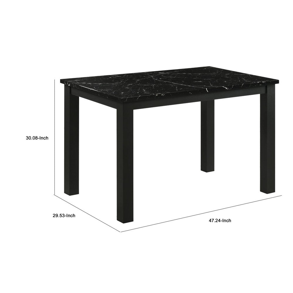 Benjara Syon Dining Table, 47 Inch Black Faux Marble Top, Black Wood Legs
