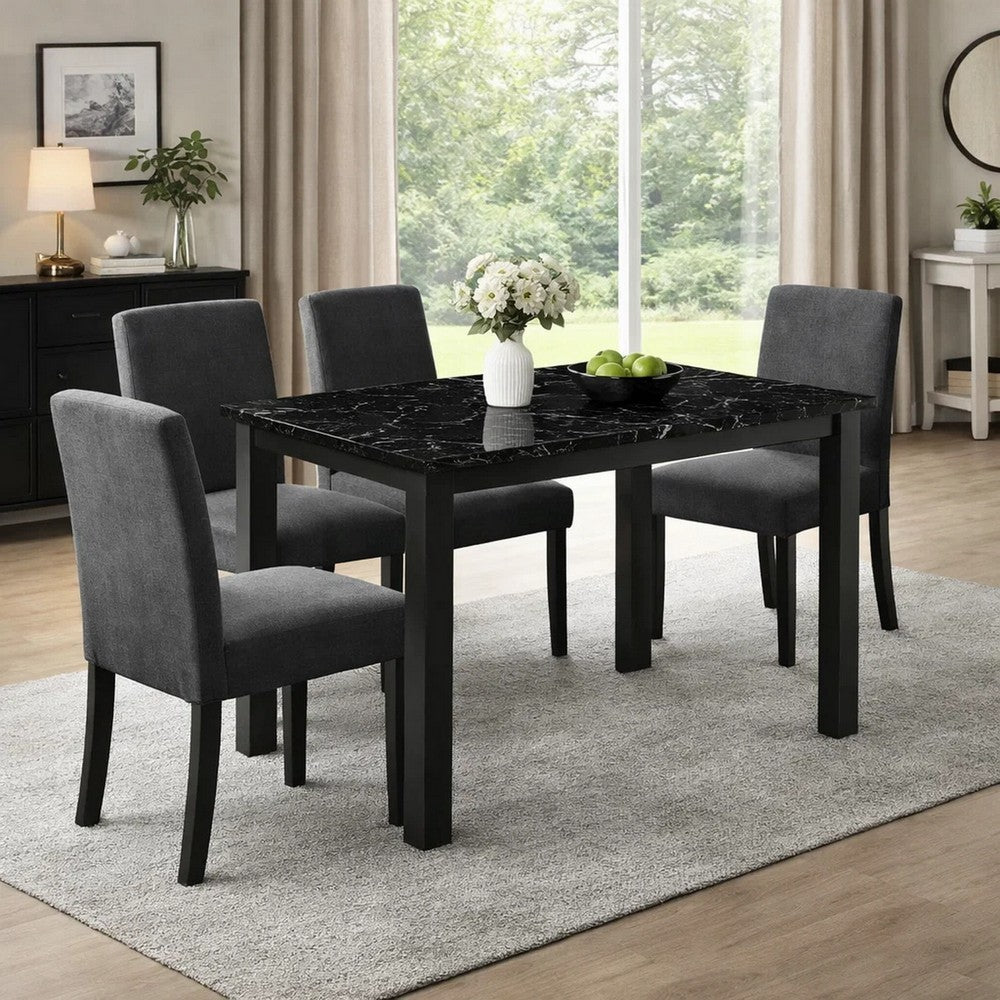 Benjara Syon Dining Table, 47 Inch Black Faux Marble Top, Black Wood Legs