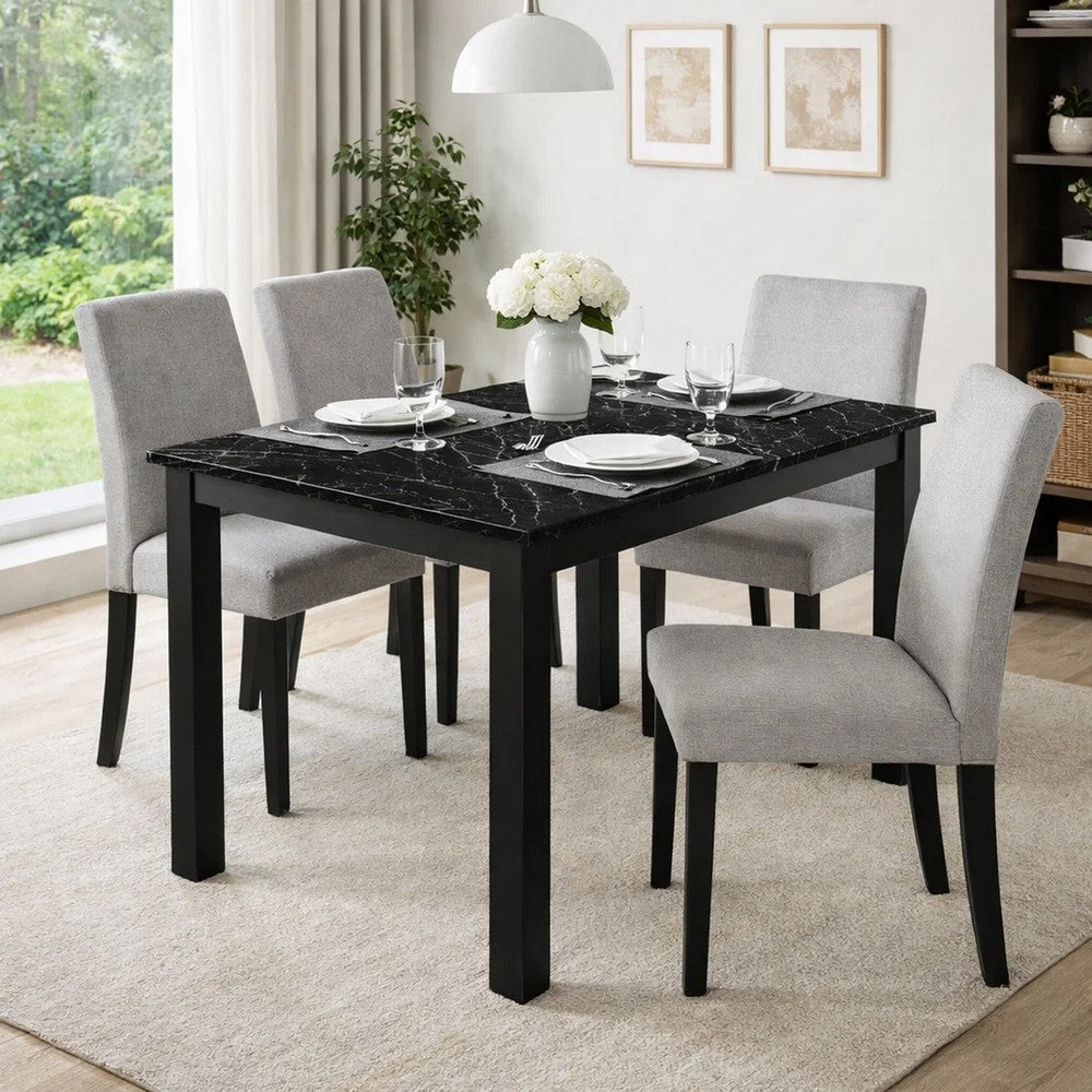 Benjara Syon Dining Table, 47 Inch Black Faux Marble Top, Black Wood Legs